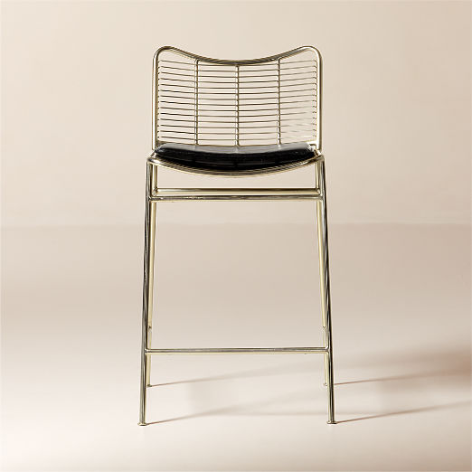 Sigma Champagne Brass Metal Counter Stool with Black Leather Seat Cushion