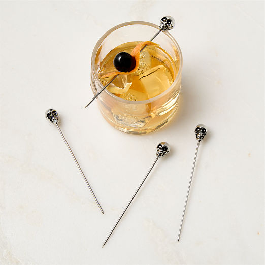 Skull Polished Nickel Cocktail Picks Set of 4