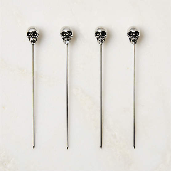 Skull Polished Nickel Cocktail Picks Set of 4