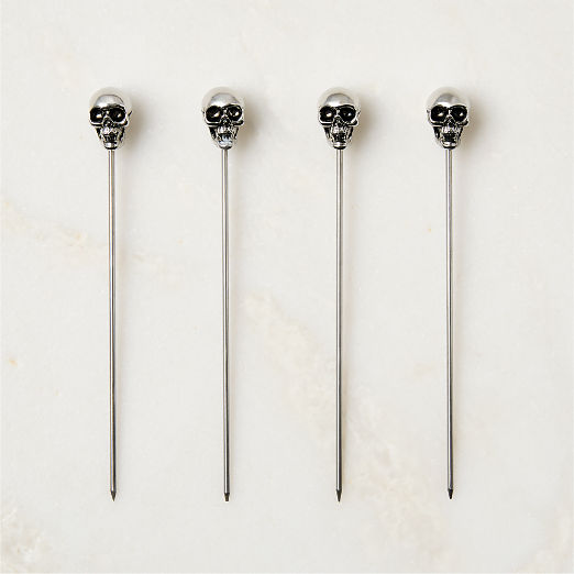 Skull Polished Nickel Cocktail Picks Set of 4
