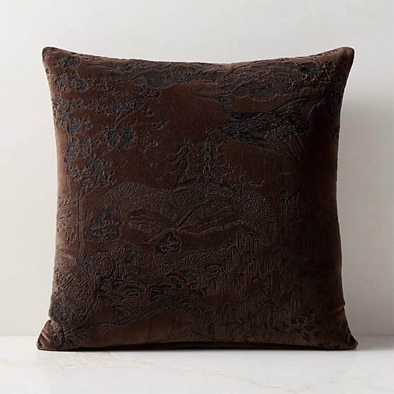 Sloane Ash Brown Embroidered Velvet Throw Pillow with Down-Alternative Insert 20"x20"