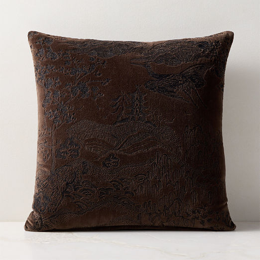 Sloane Ash Brown Embroidered Velvet Throw Pillow 20"x20"