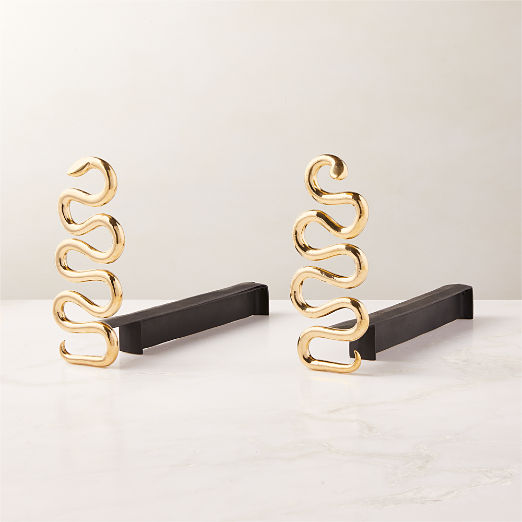 Polished Brass Snake Fireplace Andirons Set of 2