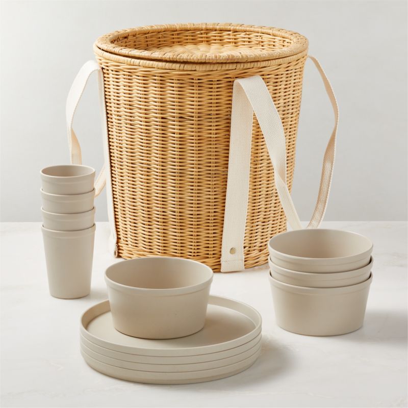 View 12-Piece Sojourn Melamine Set with Wicker Picnic Basket details