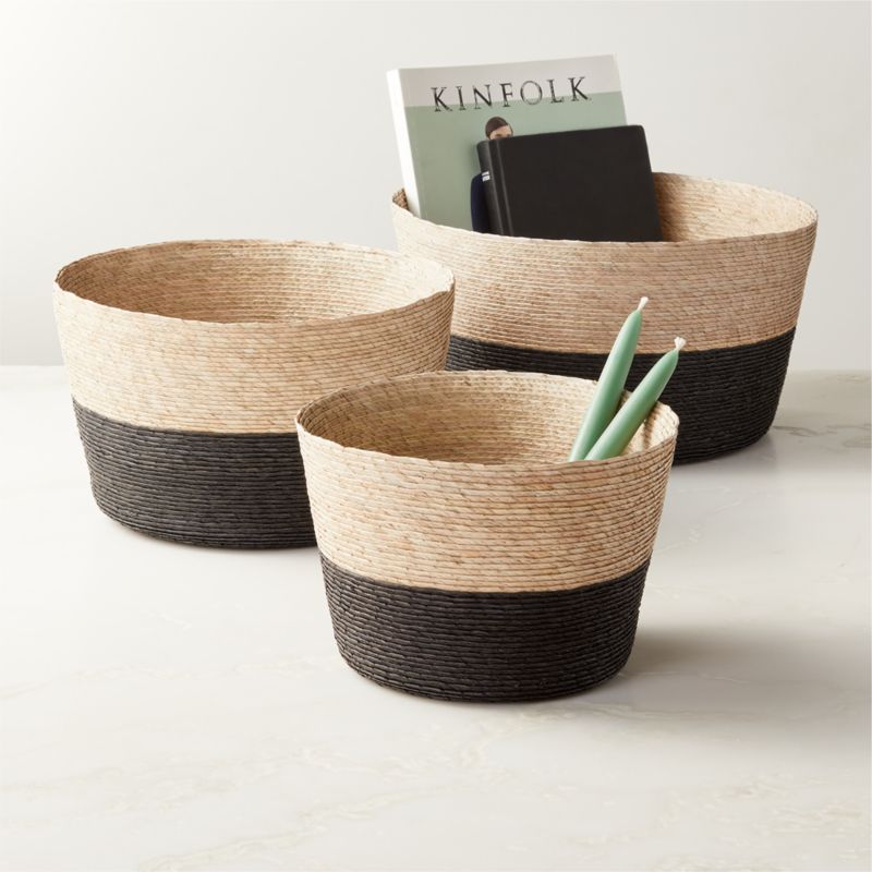 Sol Modern Handwoven Black and Natural Decorative Storage Basket Set of 3 | CB2