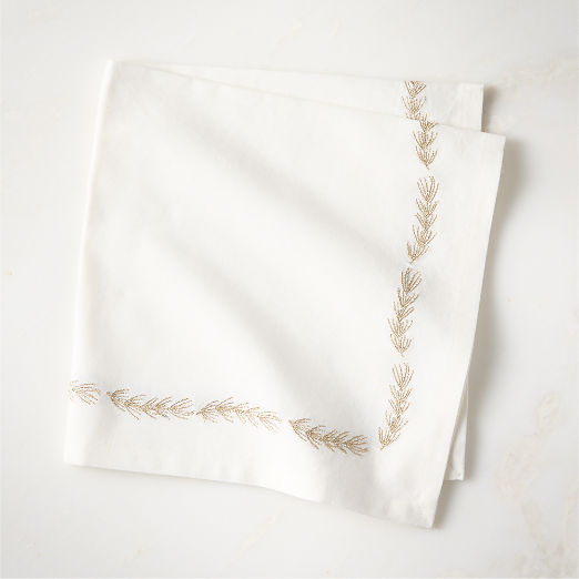 Spruce Embroidered White and Gold Cotton and Linen Blend Napkin