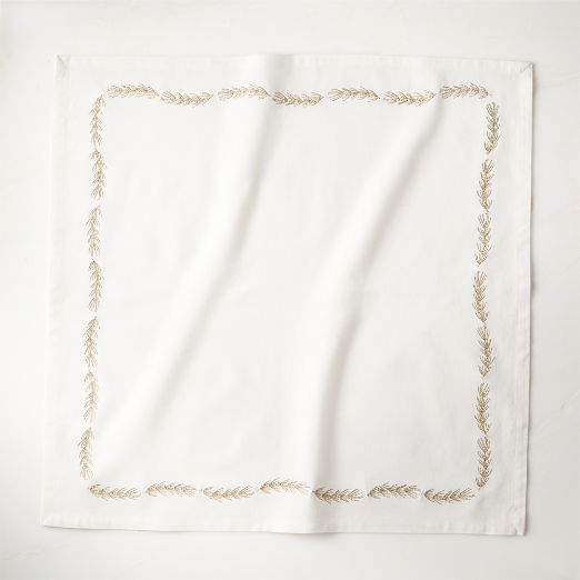 Spruce Embroidered White and Gold Cotton and Linen Blend Napkin