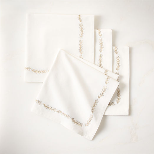 Spruce Embroidered White and Gold Cotton and Linen Napkin Set of 4