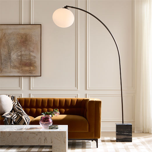 Stelvio Black Marble Arc Floor Lamp with Opaline Glass Shade