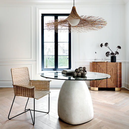 Stone 47" Round White Concrete Dining Table with Glass Top
