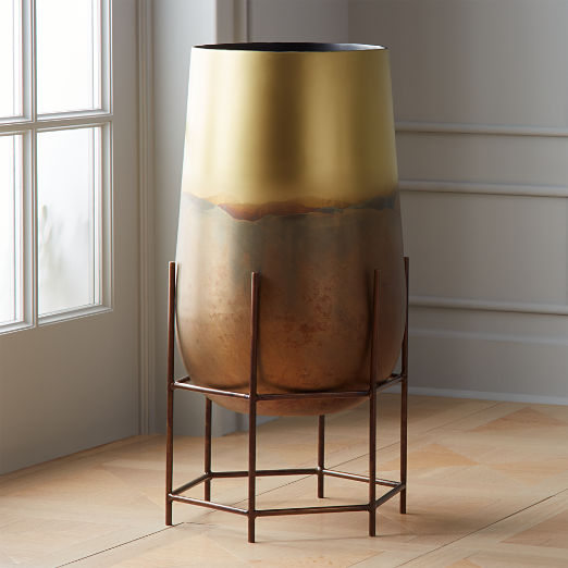 Modern Planters And Garden Pots Cb2 Strata Patinaed Br Planter On Stand