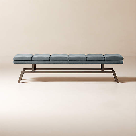 Stratford 65" Silver Blue Suede and Metal Bench