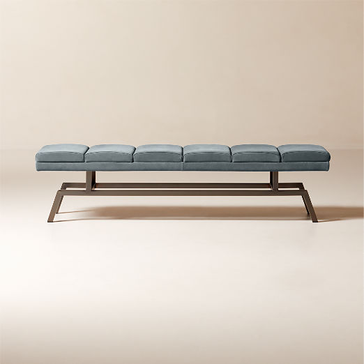 Stratford 65" Silver Blue Suede and Metal Bench