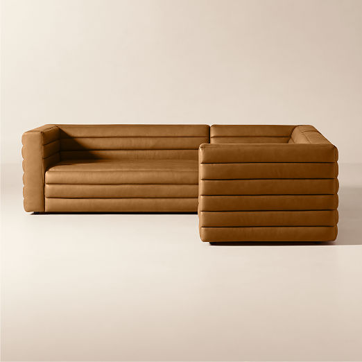 Strato 3-Piece L-Shaped Channeled Brown Leather Sectional Sofa