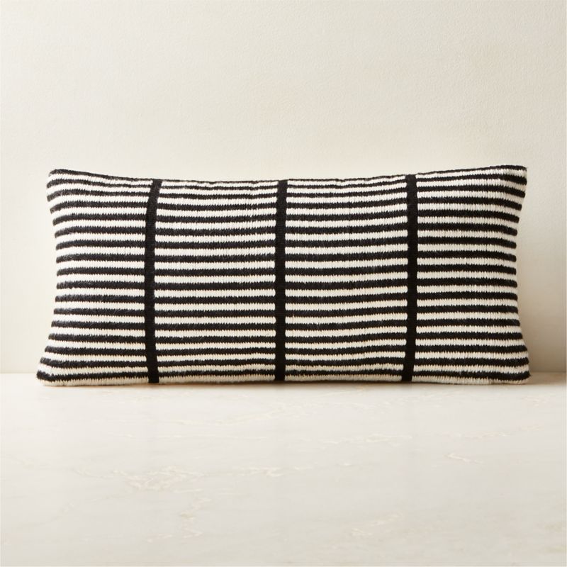 View Stria Black and White Woven Silk Lumbar Pillow with Feather-Down Insert 23''x11'' by Ackerman details