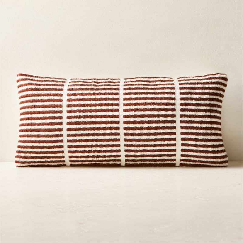 View Stria Sienna Brown Woven Silk Lumbar Pillow with Down-Alternative Insert 23''x11'' by Ackerman details