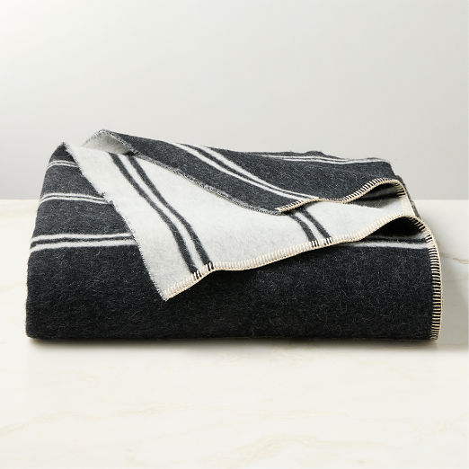 Stripes Black and Warm White Alpaca Wool King Bed Blanket