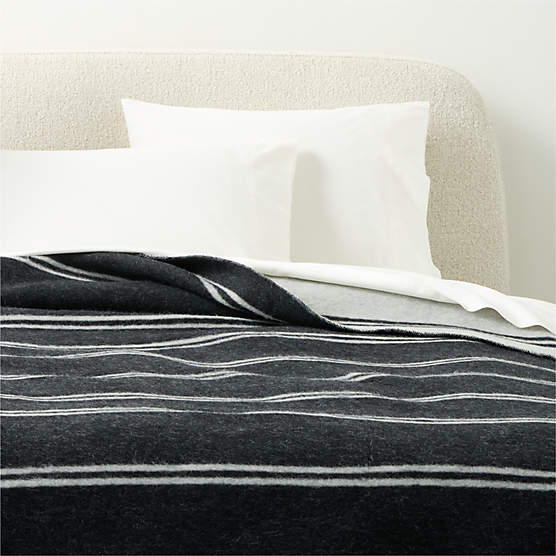 Stripes Black and Warm White Alpaca Wool King Bed Blanket by Blacksaw