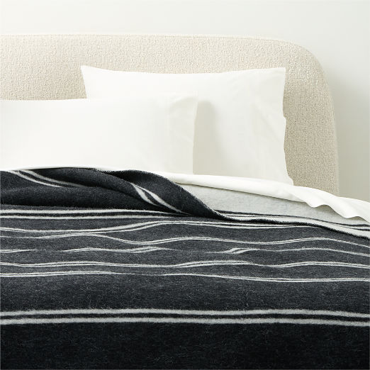 Stripes Black and Warm White Alpaca Wool Full/Queen Bed Blanket by Blacksaw