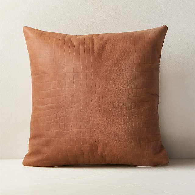 Surat Brown Embossed Leather Throw Pillow with Down-Alternative