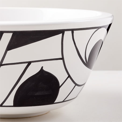 Suzu Hand Painted Ceramic White and Black Serving Bowl