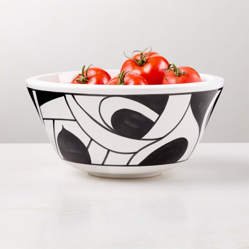 View Suzu Hand Painted Ceramic White and Black Serving Bowl details