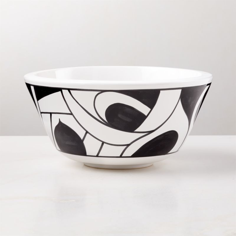 View Suzu Hand Painted Ceramic White and Black Serving Bowl details