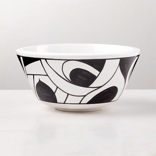 Suzu Hand Painted Ceramic White and Black Serving Bowl