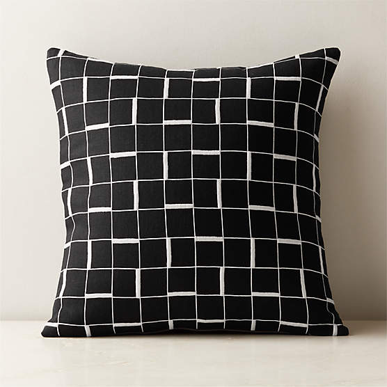 Symi Black and Warm White Embroidered Linen Throw Pillow with Down-Alternative Insert 20"