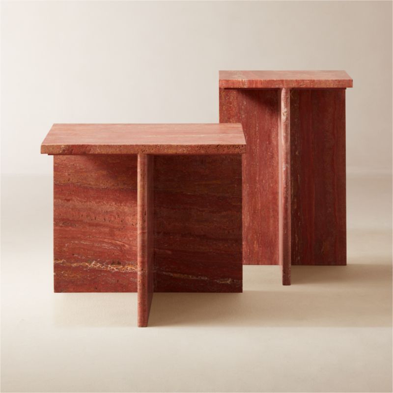 T Marble 2-Piece Red Travertine Side Table Set + Reviews | CB2 Canada