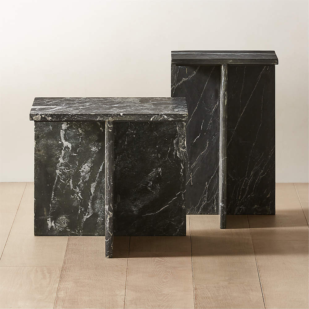 Tall Modern Black Marble Side Table with T-Shaped Base + Reviews