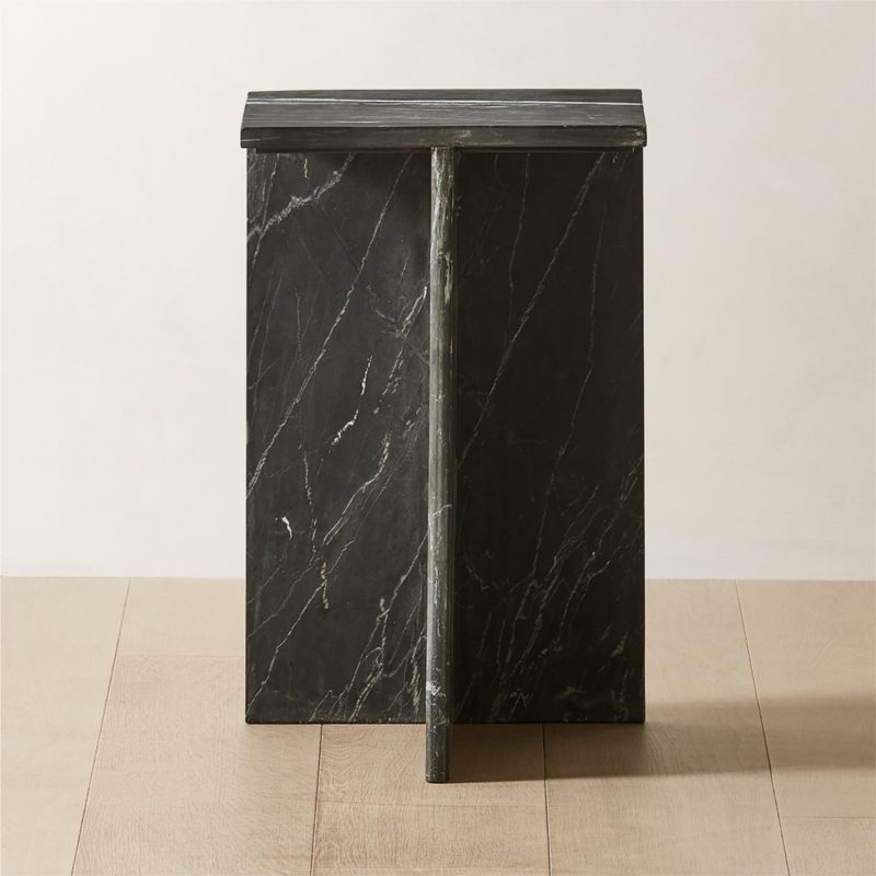 Tall Modern Black Marble Side Table with T-Shaped Base + Reviews | CB2