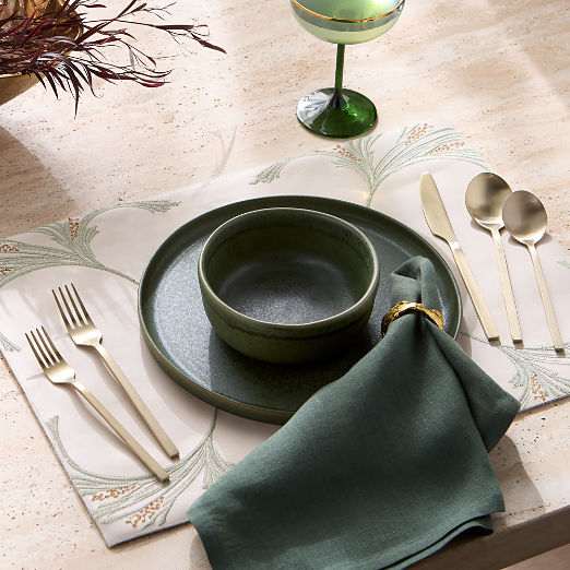 Saphra Warm White and Sage Green Leather Embroidered Rectangle Placemat