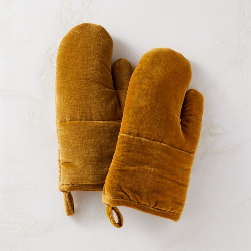 View Mustard Yellow Velvet Oven Mitts Set of 2 details