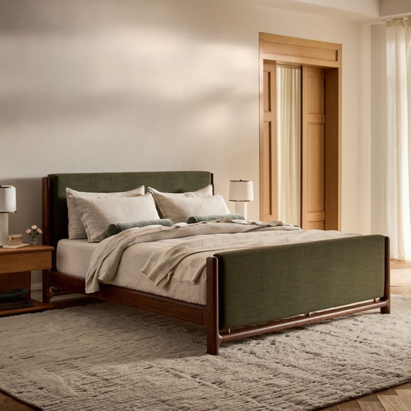 Tavola Walnut and Green Upholstered Queen Bed - image 2 of 9