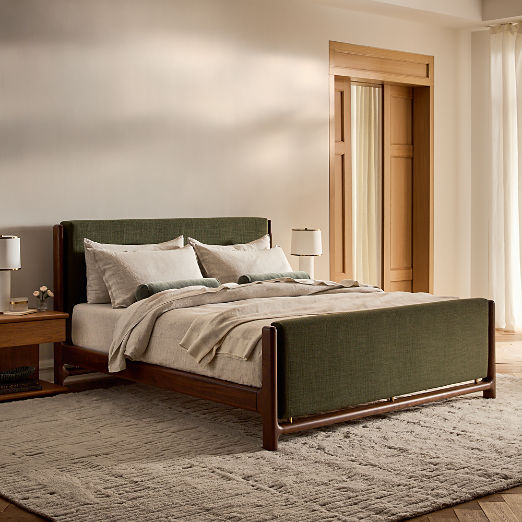 Tavola Walnut and Green Upholstered King Bed