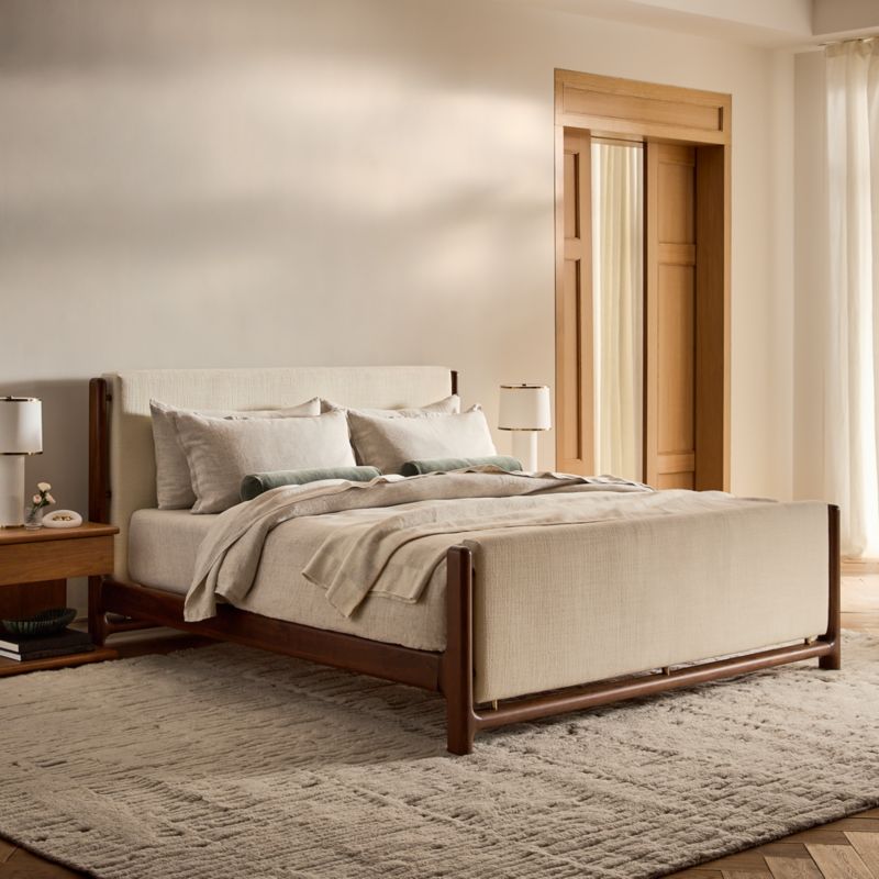 Tavola Walnut and Warm White Upholstered Queen Bed - image 2 of 9