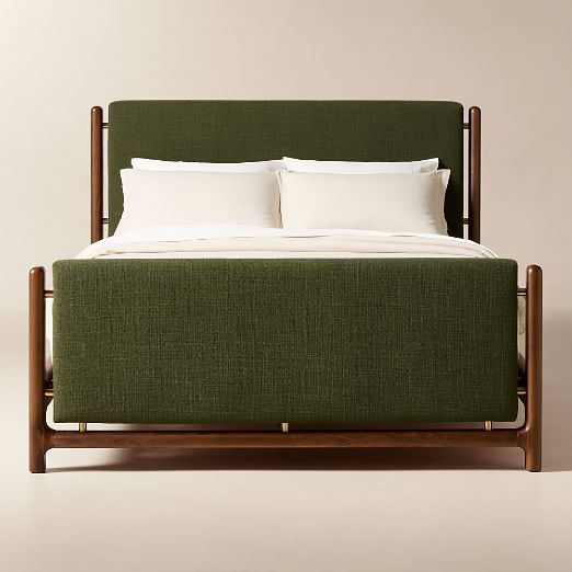 Tavola Walnut and Green Upholstered Queen Bed
