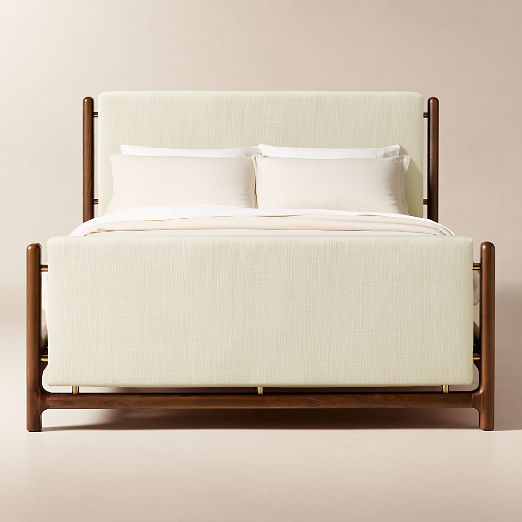 Tavola Walnut and Warm White Upholstered Queen Bed