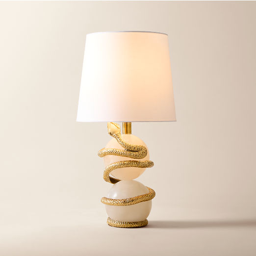 Tiger Snake White Alabaster Table Lamp with Cotton Shade