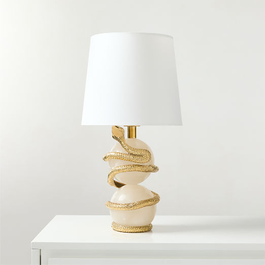 Tiger Snake White Alabaster Table Lamp with Cotton Shade