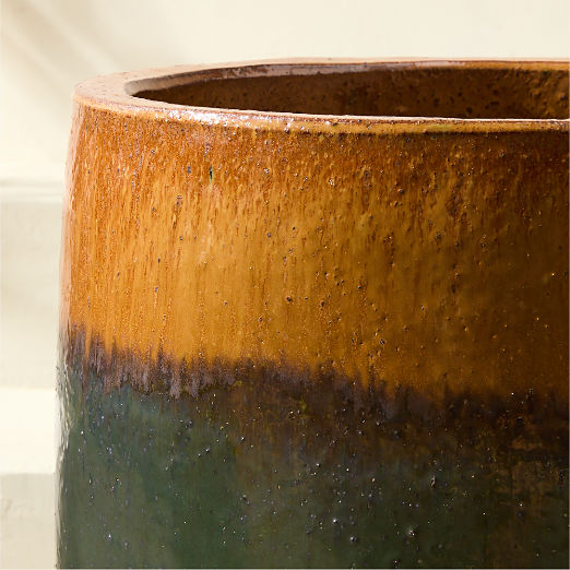 Tramonto Round Two-Tone Green and Natural Reactive Glaze Ceramic Indoor/Outdoor Planter Large