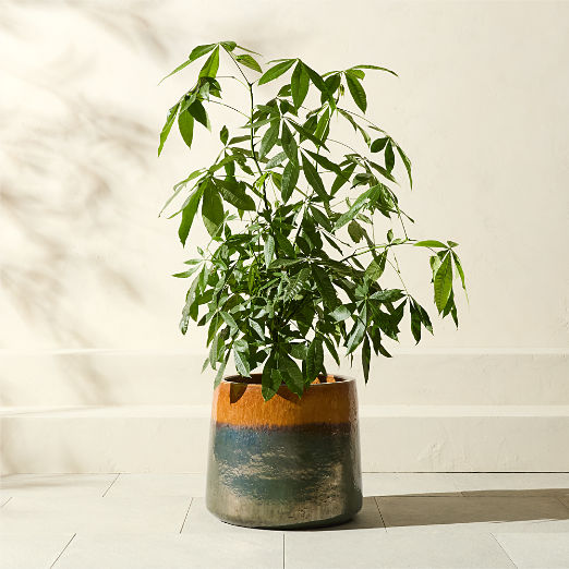 Tramonto Round Two-Tone Green and Natural Reactive Glaze Ceramic Indoor/Outdoor Planter Large