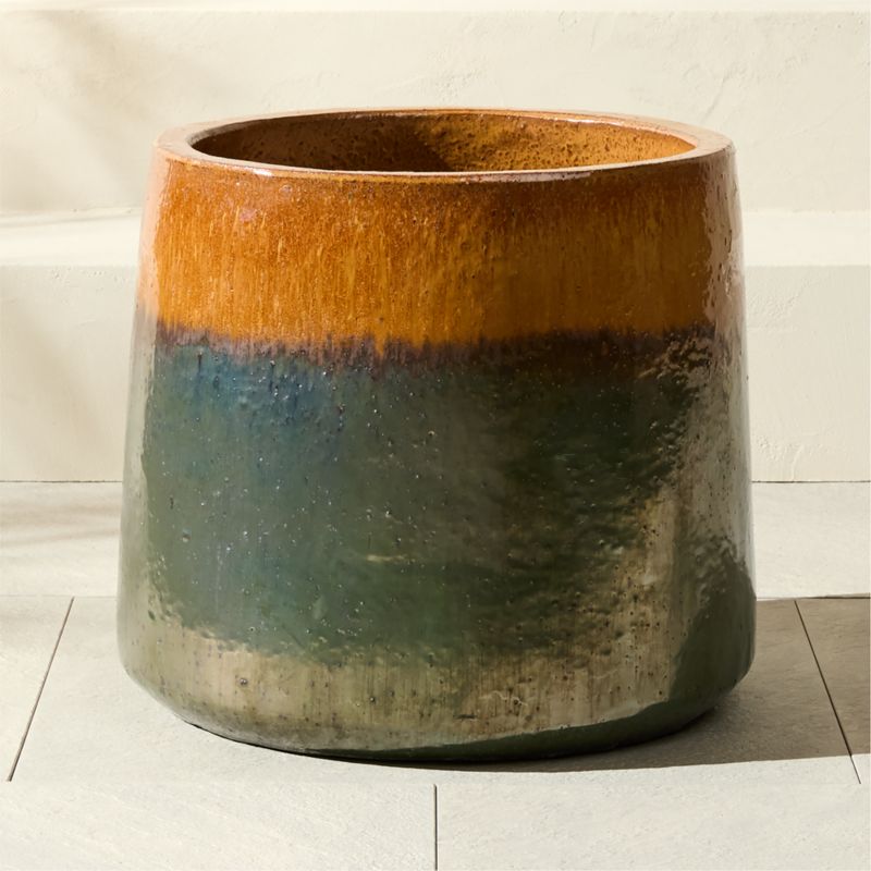 Tramonto Round Two-Tone Green and Natural Reactive Glaze Ceramic Indoor/Outdoor Planter Large - image 3 of 7