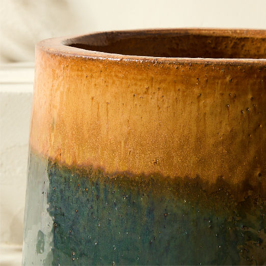 Tramonto Round Two-Tone Green and Natural Reactive Glaze Ceramic Indoor/Outdoor Planter Medium