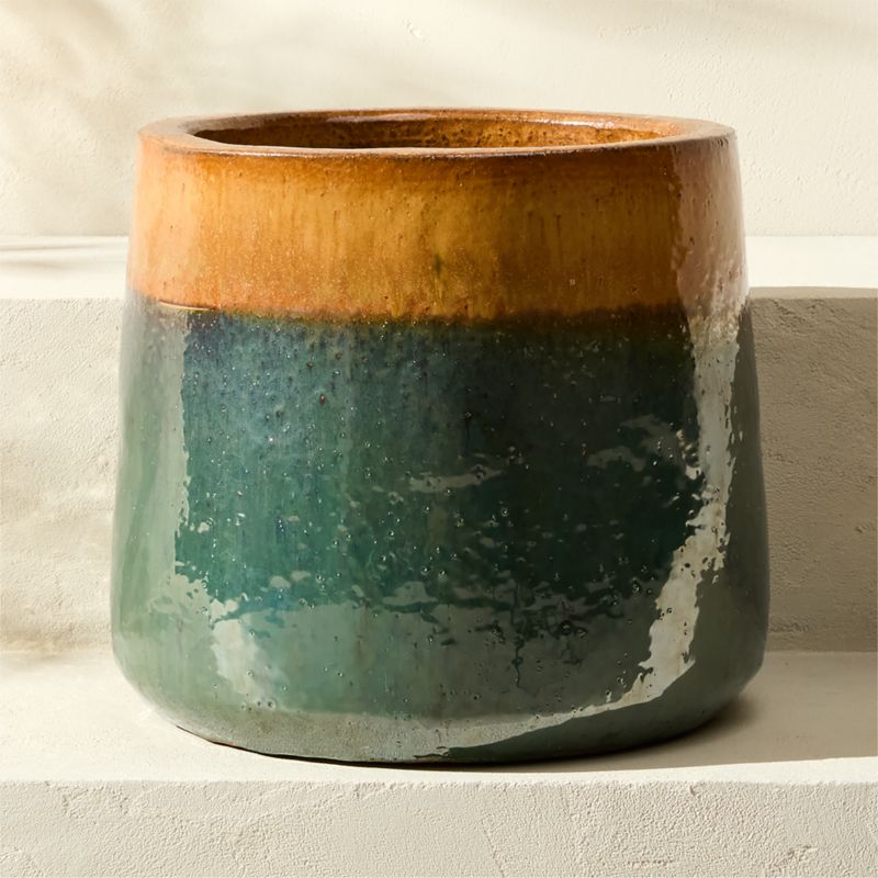 Tramonto Round Two-Tone Green and Natural Reactive Glaze Ceramic Indoor/Outdoor Planter Medium - image 3 of 7