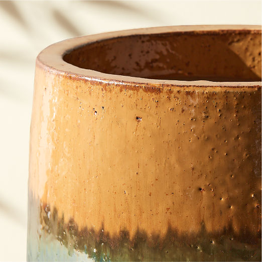 Tramonto Round Two-Tone Green and Natural Reactive Glaze Ceramic Indoor/Outdoor Planter Small