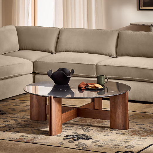 Tule 47" Round Black Marble and Walnut Wood Coffee Table