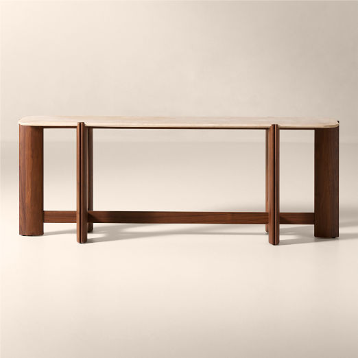 Tule 78" Travertine and Walnut Wood Console Table
