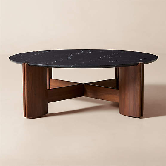 Tule 47" Round Black Marble and Walnut Wood Coffee Table